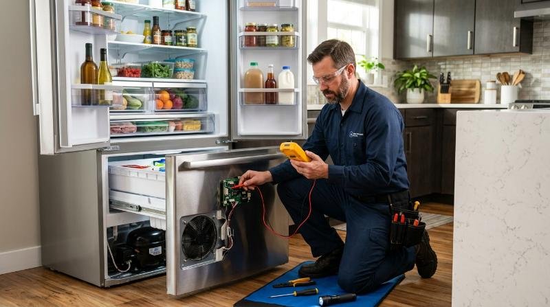 Técnico reparando una refrigeradora