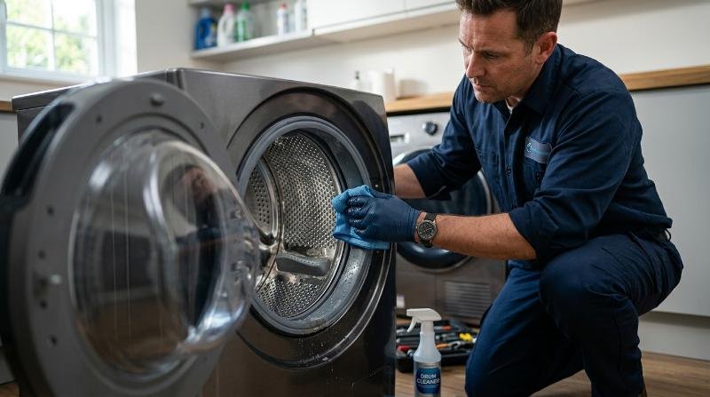 Técnico realizando mantenimiento a una lavadora de carga frontal